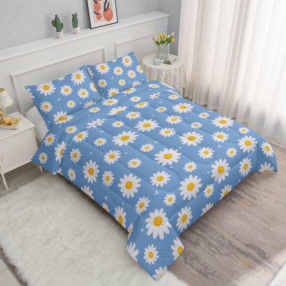 Flower Comforter Set Blue Daisy Floral Printed Pattern Quilt Bedding with 1 and - Picture 3 of 7